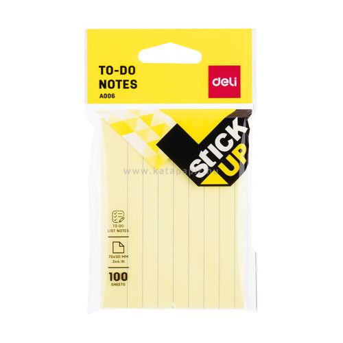 Öntapadó jegyzettömb, vonalas, 76x101 mm, 100 lap, DELI "Stick UP", sárga