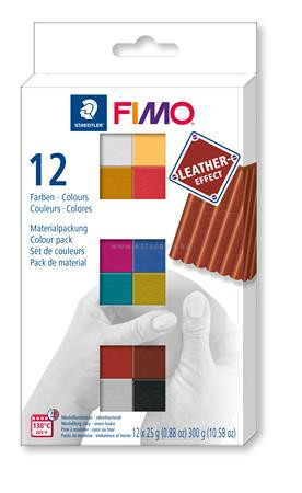 Gyurma, készlet, 12x25 g, égethető, FIMO "Leather Effect" , 12 különböző szín 0.3 kg/készlet