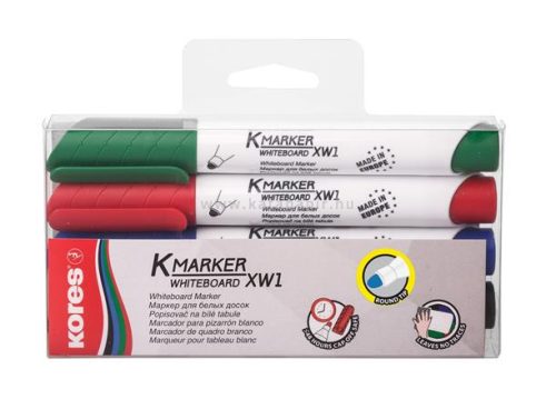 Tábla- és flipchart marker készlet, 1-3 mm, kúpos, KORES "K-Marker", 4 különböző szín