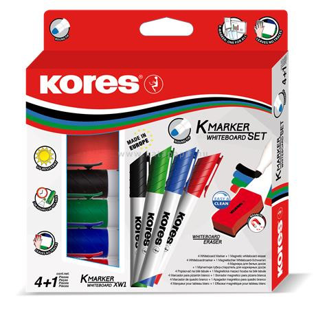 Tábla- és flipchart marker készlet mágneses táblatörlő szivaccsal, 1-3 mm, kúpos KORES, 4 különböző szín