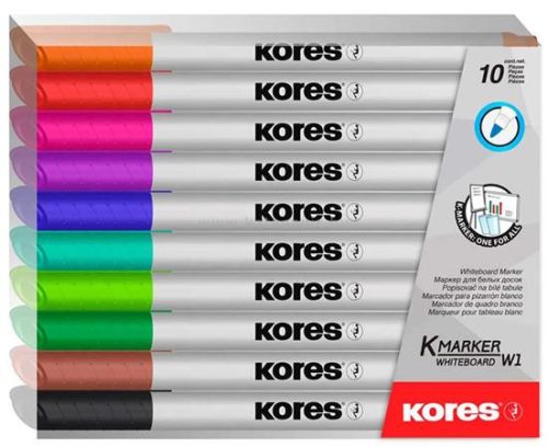 Tábla- és flipchart marker készlet, 1-3 mm kúp, KORES "K-Marker", 10 különböző szín
