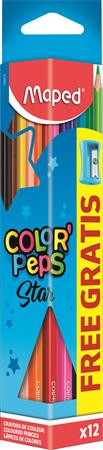 Színes ceruza készlet, háromszögletű, hegyezővel, MAPED "Color'Peps", 12 különböző szín