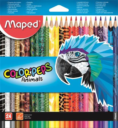 Színes ceruza készlet, háromszögletű, MAPED "Color'Peps Animal", 24 különböző szín