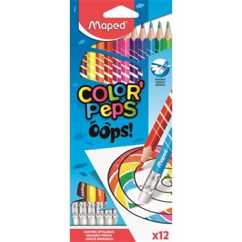   Színes ceruza készlet, háromszögletű, radírozható, MAPED "Color'Peps Oops", 12 különböző szín