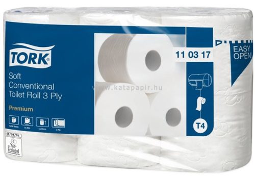 Toalettpapír, T4 rendszer, 3 rétegű, 12 cm átmérő, Premium, TORK "Soft", fehér 6 tek/csom