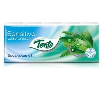   Papír zsebkendő, 3 rétegű, 10x10 db, TENTO "Sensitive Easy Breath", eukaliptuszolaj 100 db/csom