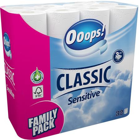 Toalettpapír, 3 rétegű, 32 tekercses, "Ooops!", sensitive 32 tek/csom