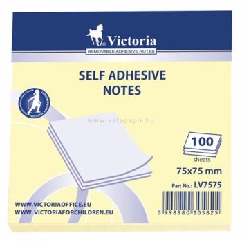 Öntapadó jegyzettömb, 75x75 mm, 100 lap, VICTORIA, sárga