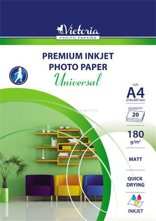 Fotópapír, tintasugaras, A4, 180 g, matt, VICTORIA "Universal" 20 lap/cs