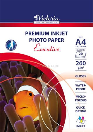 Fotópapír, tintasugaras, A4, 260 g, magasfényű, VICTORIA "Executive" 20 lap/cs