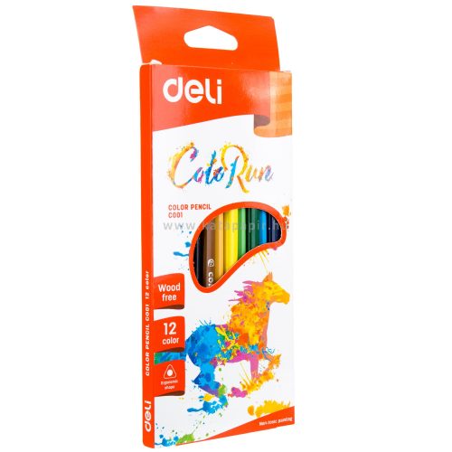 Színes ceruzakészlet, háromszögletű, DELI "Color Run", 12 különböző szín