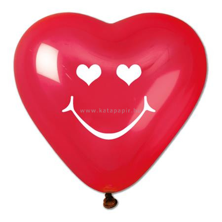 Léggömb, 40 cm, szív alakú, smiley, piros 10 /csom