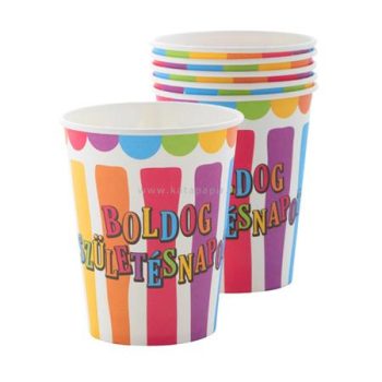   Pohár, papír, 2,5 dl, "Boldog születésnapot", csíkos-pöttyös 6 /csom