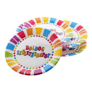   Tányér, papír, 23 cm, "Boldog születésnapot", csíkos-pöttyös 6 /csom