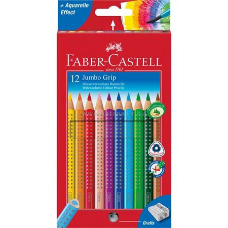 Színes ceruza készlet, háromszögletű, FABER-CASTELL "Jumbo Grip", 12 különböző szín + hegyező