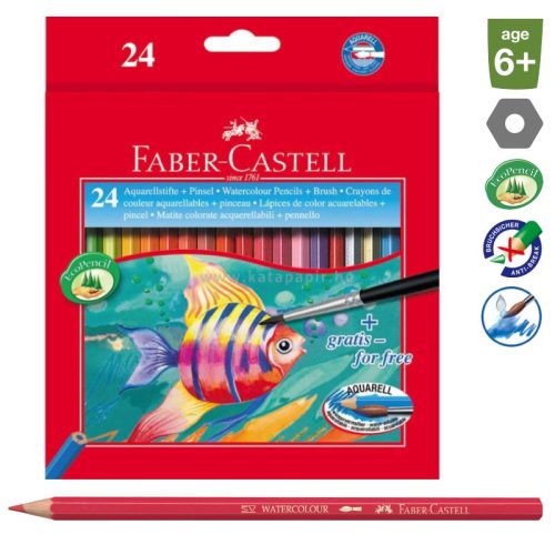 Akvarell ceruza készlet, hatszögletű, ecsettel, FABER-CASTELL, 24 különböző szín