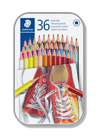 Színes ceruza készlet, hatszögletű, fém dobozban, STAEDTLER, 36 különböző szín