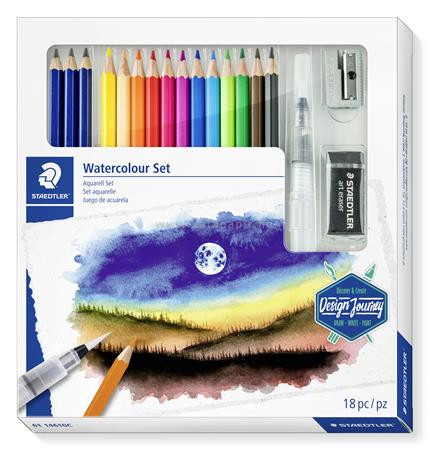 Akvarell ceruza készlet, ecsettel, radírral, hegyezővel, grafitceruzával, STAEDTLER "Design Journey", 12 különböző szín