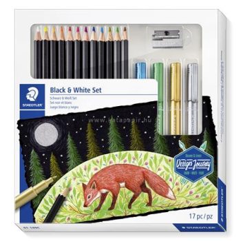   Színes ceruza készlet, hatszögletű, hegyezővel, dekormarkerrel, STAEDTLER "Design Journey Black and White", 12 különböző