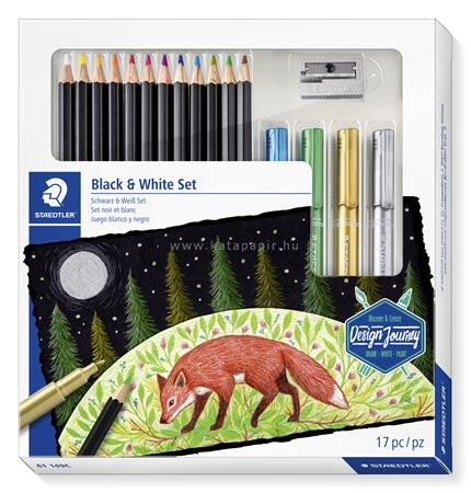 Színes ceruza készlet, hatszögletű, hegyezővel, dekormarkerrel, STAEDTLER "Design Journey Black and White", 12 különböző