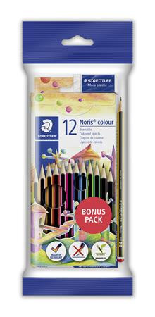 Színes ceruza készlet, hatszögletű, ajándék grafitceruzával és radírral, STAEDTLER "Noris Club", 12 különböző szín