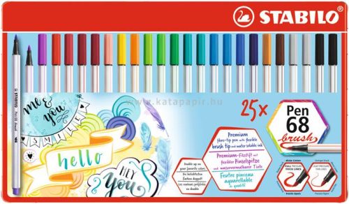 Ecsetirón készlet, fém doboz, STABILO "Pen 68 brush", 25 különböző szín