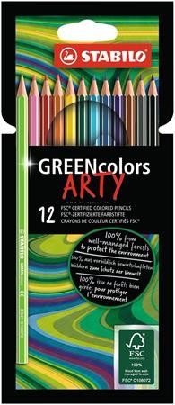 Színes ceruza készlet, hatszögletű, STABILO "GreenColors ARTY", 12 különböző szín