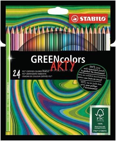 Színes ceruza készlet, hatszögletű, STABILO "GreenColors ARTY", 24 külömböző szín