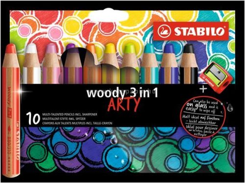 Színes ceruza készlet, kerek, vastag, STABILO "Woody ARTY 3 in 1", 10 különböző szín