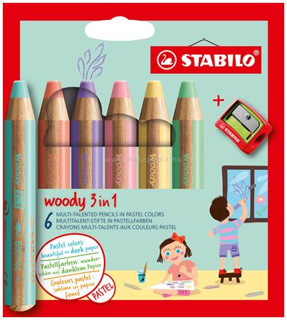 Színes ceruza készlet, kerek, vastag, STABILO "Woody 3 in 1 Pastel", 6 különböző pasztell szín
